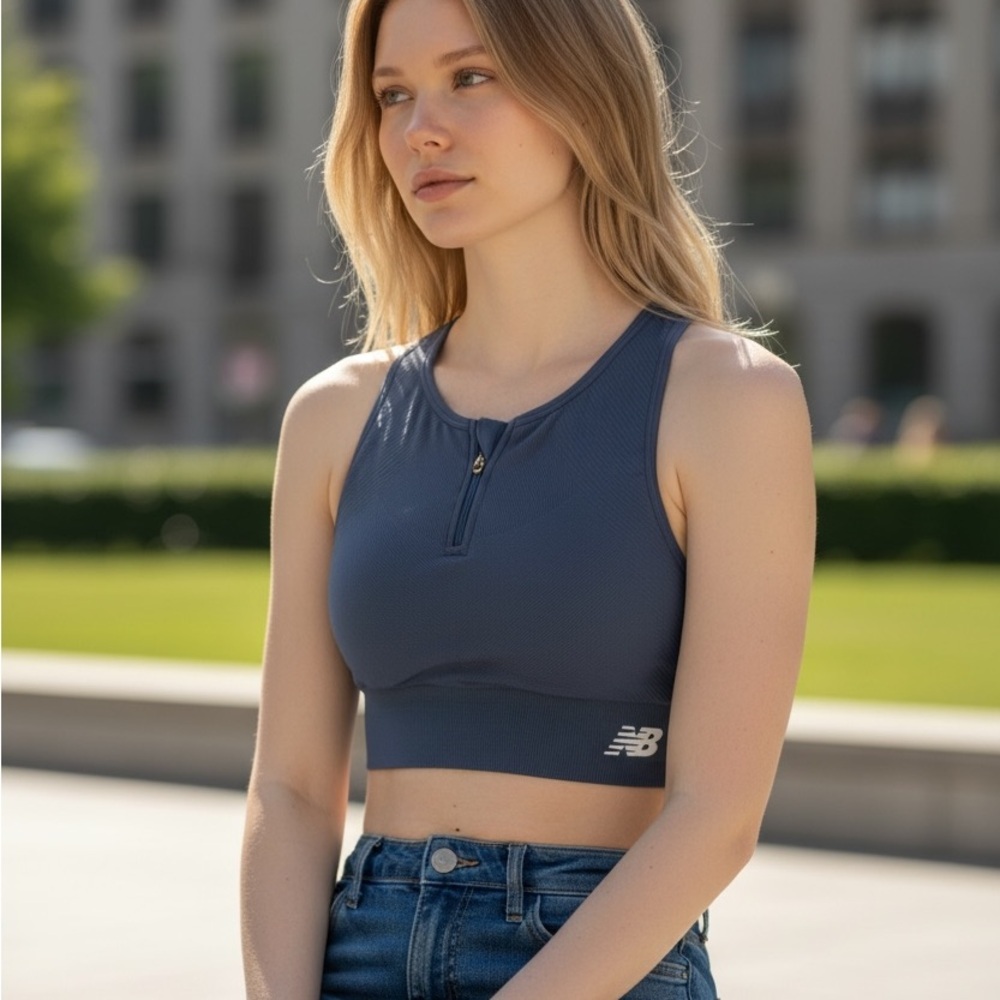 New Balance Zip Front Sports Bra Blue High Neck Support